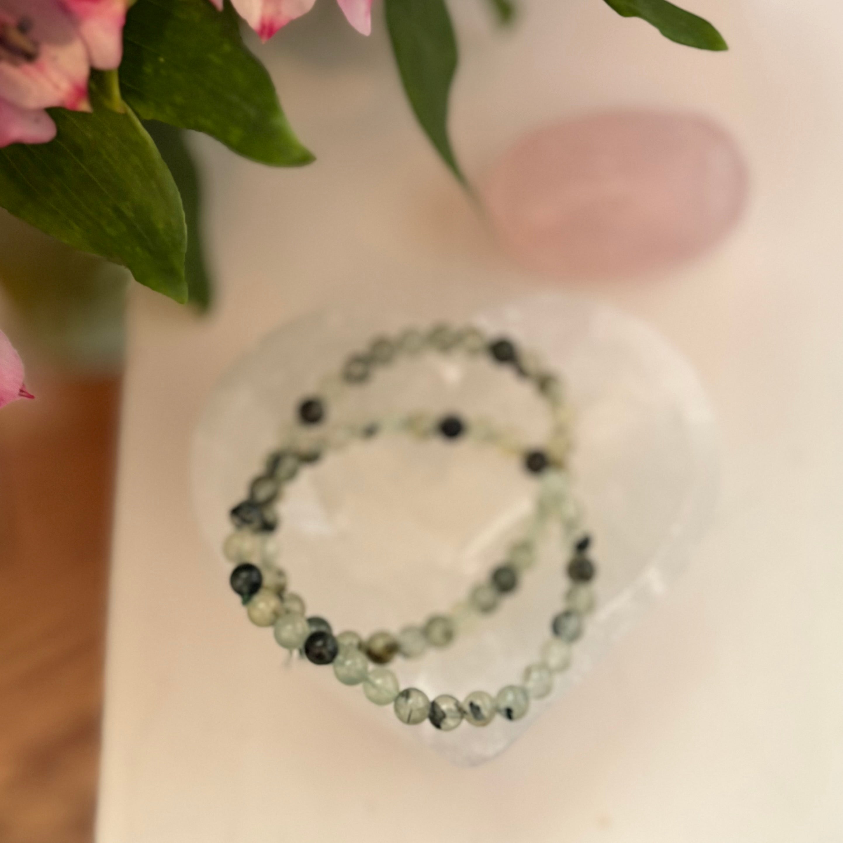 prehnite with black tourmaline bracelet